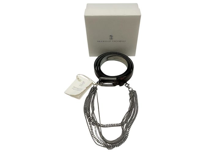 Brunello Cucinelli Brown Leather Belt with Multi Silver Chain Embellishments