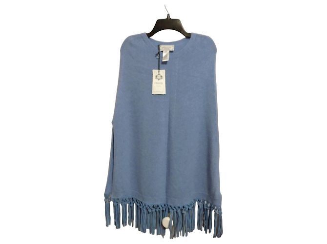Autre Marque Blauer Kaschmir-Poncho mit Fransen