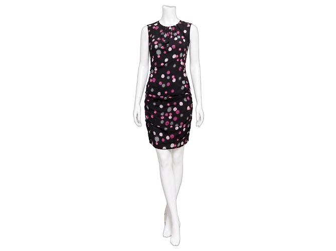 Vestido Tulipan drapeado em seda com bolinhas Diane von Furstenberg Preto Rosa Branco