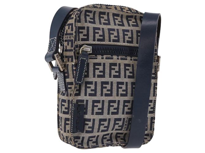 FENDI Zucchino Canvas Shoulder Bag Navy Silver