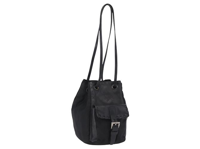 PRADA Bolsa de Ombro em Nylon e Couro Preta Prata