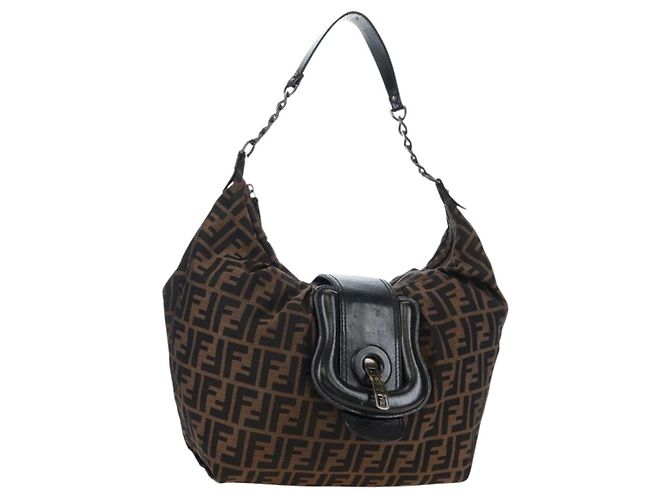 FENDI Zucca Canvas Chain Shoulder Bag Black Brown