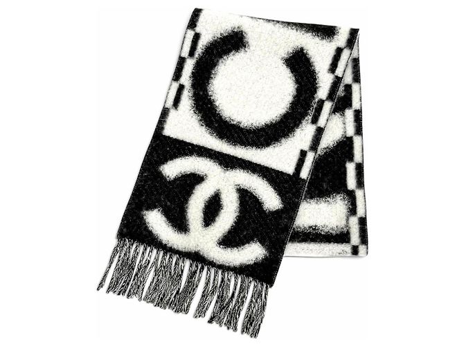 Estola de cashmere e seda com franjas Chanel Preto Branco