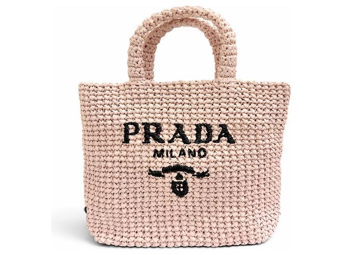 Prada Small Crochet Raffia Tote Bag Black Pink