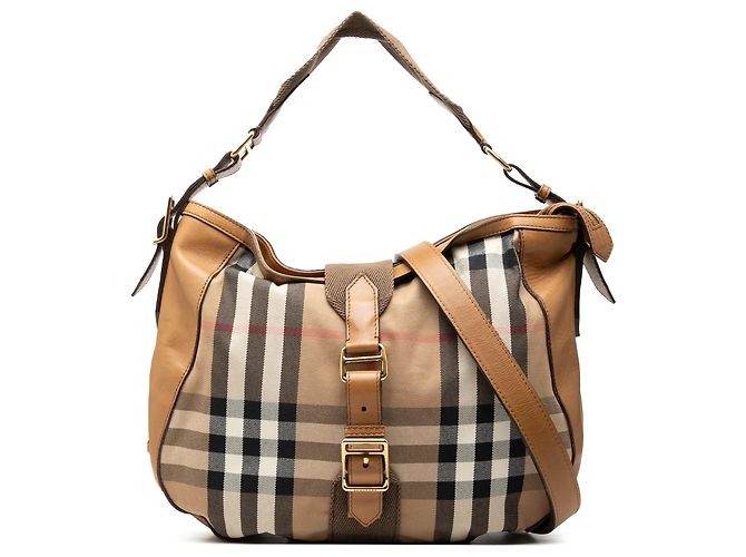 Burberry Beige Medium House Check Canvas Ashwood Hobo