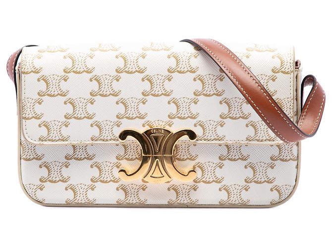 Céline Celine White Triomphe Coated Canvas Claude Shoulder Bag