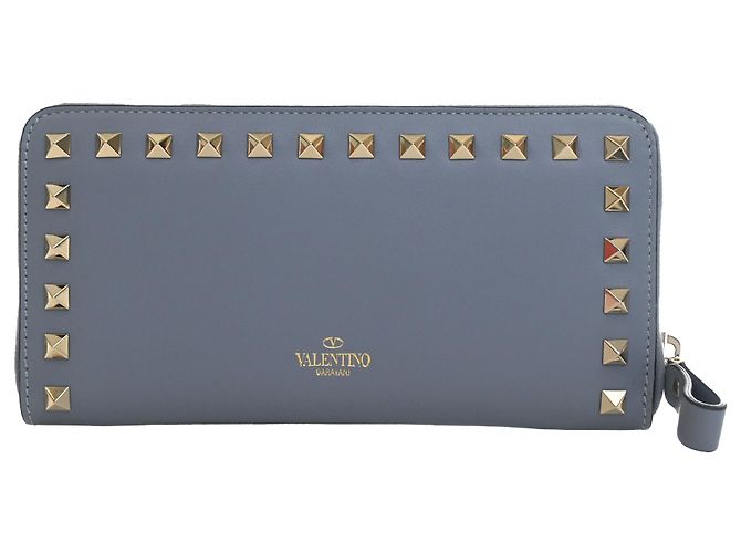 Valentino Blue Leather Rockstud Zip Around Long Wallet