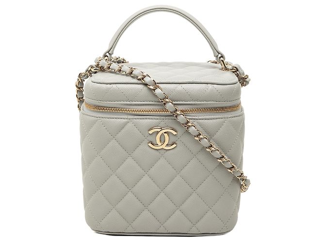 Chanel Gray Small CC Caviar Top Handle Vanity Case with Chain Marron Gris