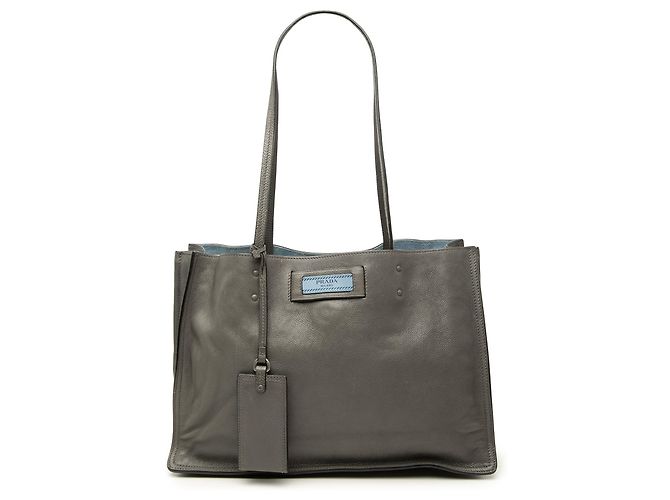 Tote Prada em couro de bezerro Glace Cinza Etiquette Marrom Cinza antracite