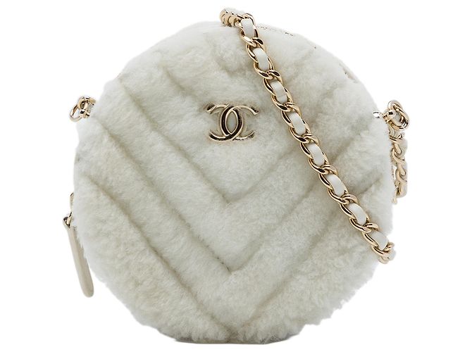Chanel White CC Chevron Shearling Rundes Clutch mit Kette Weiß Roh