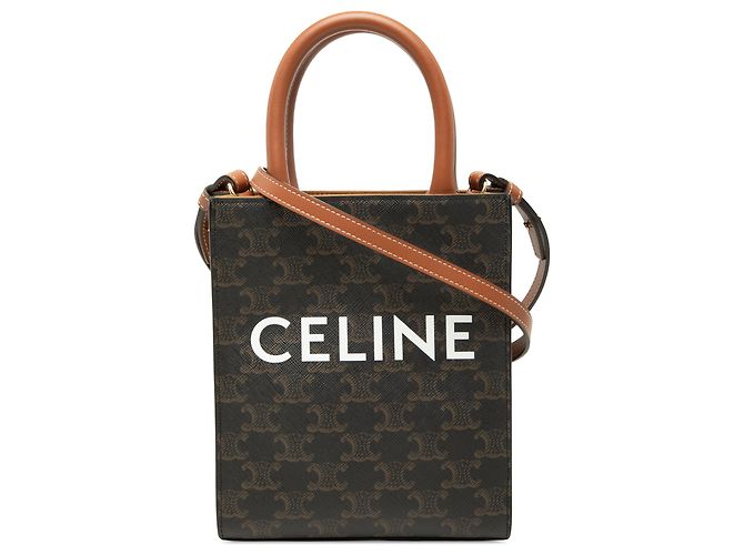Céline Celine Mini Triomphe Coated Canvas Vertical Cabas Satchel Marrone Marrone scuro