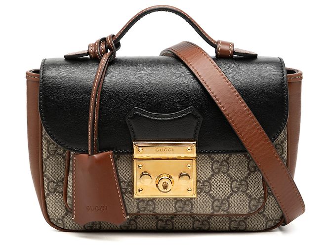 Padlock Bolsa Satchel Mini GG Supreme e couro de bezerro com aba e bolso e cadeado Gucci Bege