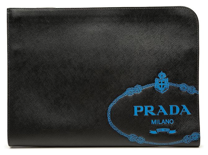 Clutch Prada in pelle Saffiano nera con logo Nero