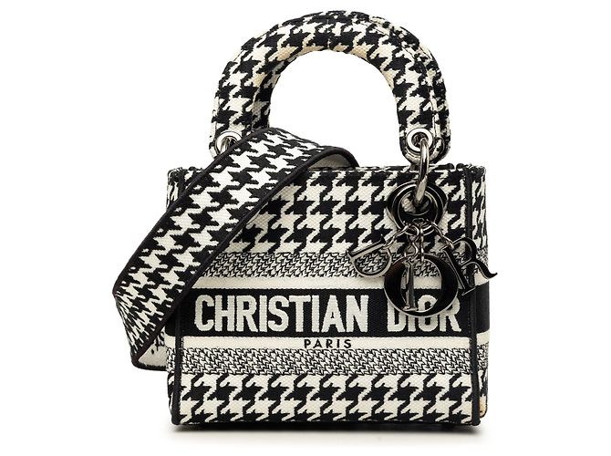 Dior White Mini Embroidered Canvas Houndstooth Lady D Lite Blanc
