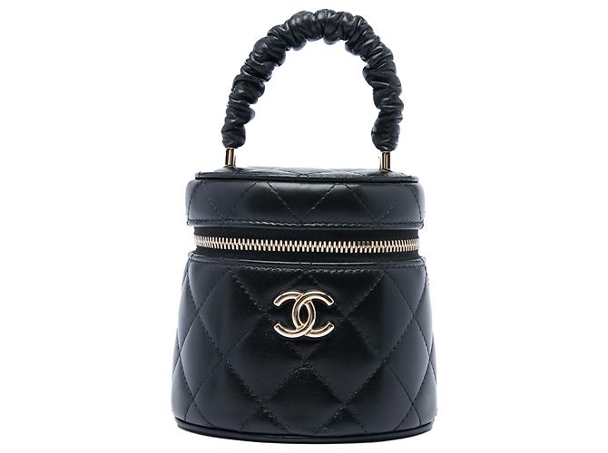 Chanel Mini Vanity Case aus schwarzem gestepptem Lammleder mit gerafftem Griff