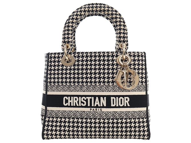 Dior Black Medium Embroidered Canvas Houndstooth Lady D Lite Preto