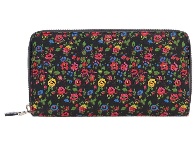 Givenchy Black Leather Floral Print Zip Around Wallet