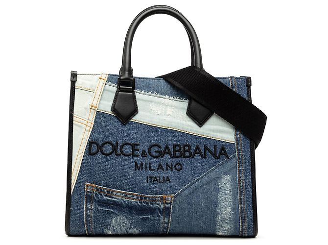 Borsa Shopper Dolce & Gabbana in Denim Blu Patchwork Logo