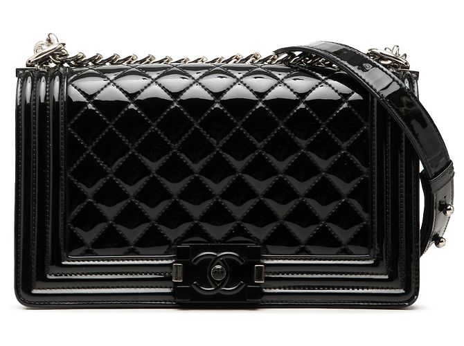 Chanel Black Old Medium Quilted Patent Acrylic Boy Flap Noir