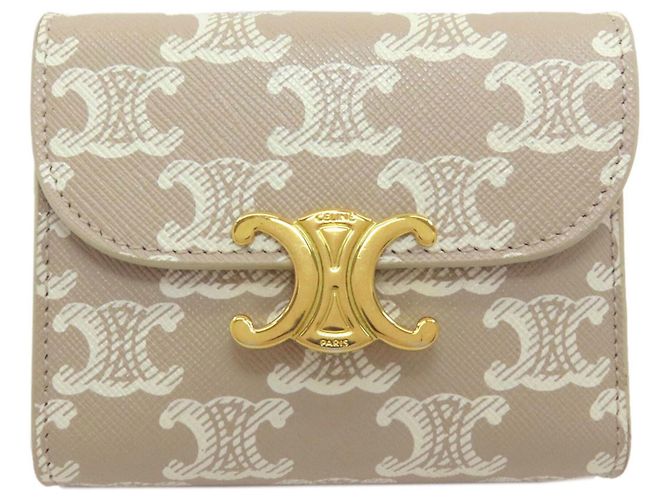 Céline Celine Small Flap Wallet Tri-fold Leather Beige