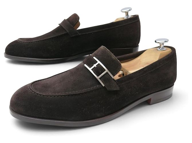 Hermès NEUF MOCASSINS HERMES MONTEREY 41.5 DAIM MARRON BOUCLE BEHAPI SUEDE LOAFER