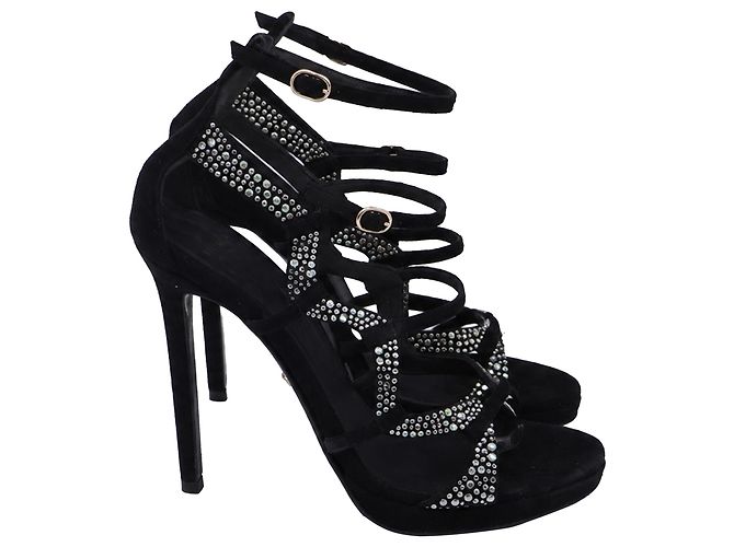 Versace Crystal Embellished Gladiator Sandals in Black Suede