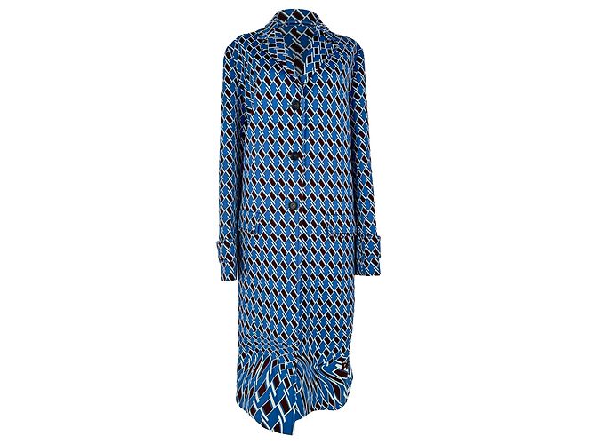 Prada Tweed Long Coat in Blue Polyester