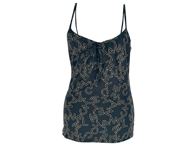 Ärmelloses Top aus schwarzem Polyamid mit besticktem Chanel-Logo