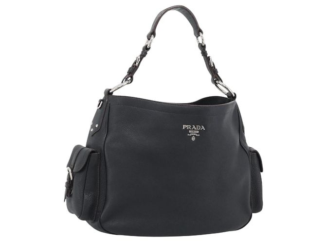 PRADA Shoulder Bag Vittero Dino Leather Black Silver