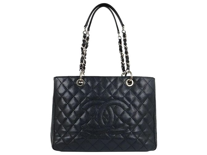 Chanel Bolsa de Aba Grand Shopping Tool Medium Preta Prata Preto