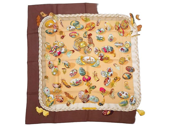 Hermès Pañuelo de seda Couvée d'Hermès 89cm 1994 Castaño Multicolor