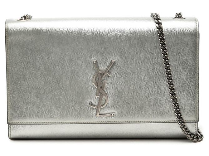 Borsa a tracolla Saint Laurent Cassandra Classic Kate con logo YSL e catena Argento
