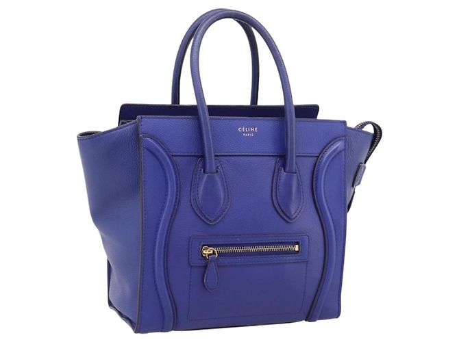 Céline Bolsa de mão CELINE Luggage Micro Shopper em couro azul e dourado Auth 201981A