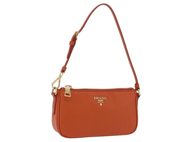 PRADA Accessory Pouch Saffiano leather Orange Gold Auth 200537V Golden