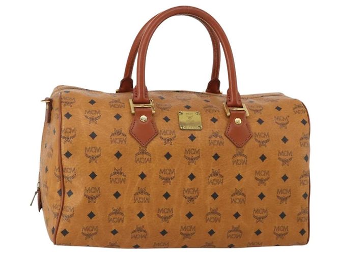 Bolsa Boston MCM Logogram Vicetos PVC Couro Marrom Dourado Auth 199670