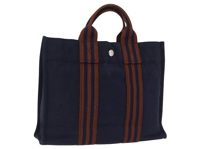 Hermès Borsa HERMES Fourre Tout PM cotone Navy Silver Auth 199880 Argento Blu navy