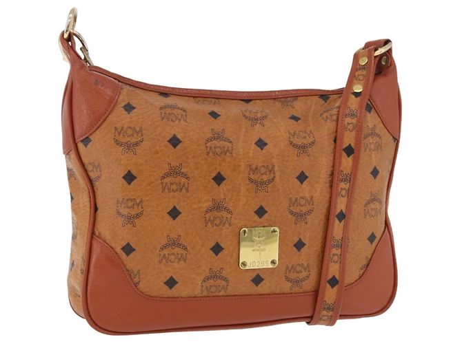 Bolsa de Ombro MCM Vicetos em Couro Marrom Tom Dourado Auth BA15404