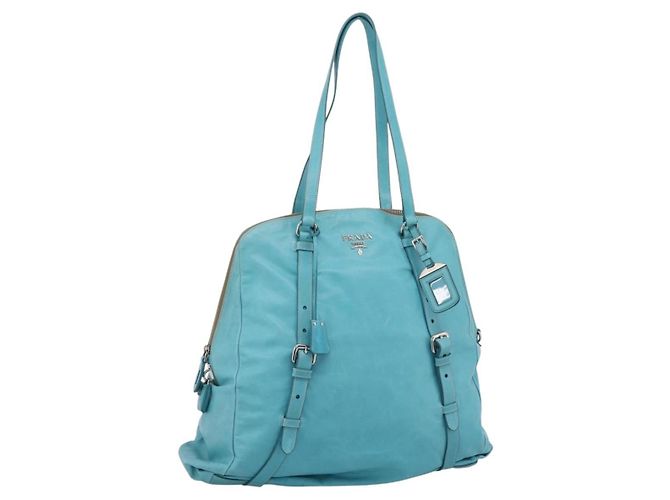 PRADA Tote Bag Leather Light Blue Silver Auth 199466V Silvery