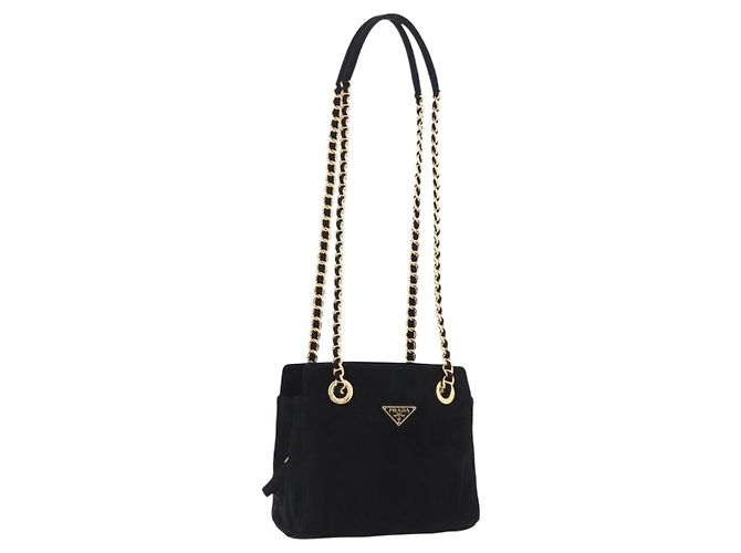 Borsa a tracolla con catena PRADA in camoscio nero e oro Auth yk20760V D'oro
