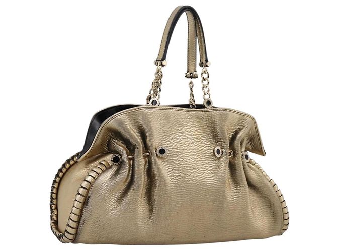 Bulgari Sac à main à chaîne BVLGARI en cuir ton or Auth bs36845