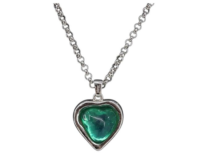 Collana SAINT LAURENT Metallo Argento Verde Auth BA15462