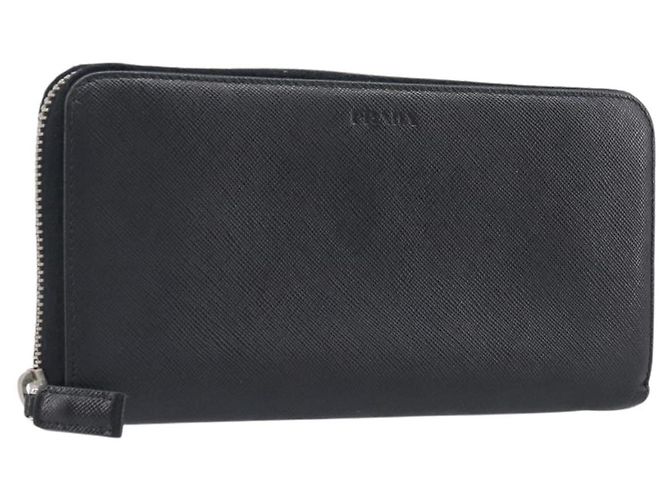 Saffiano PRADA Long Wallet Safiano Leather Black Silver Auth bs36866 Silvery