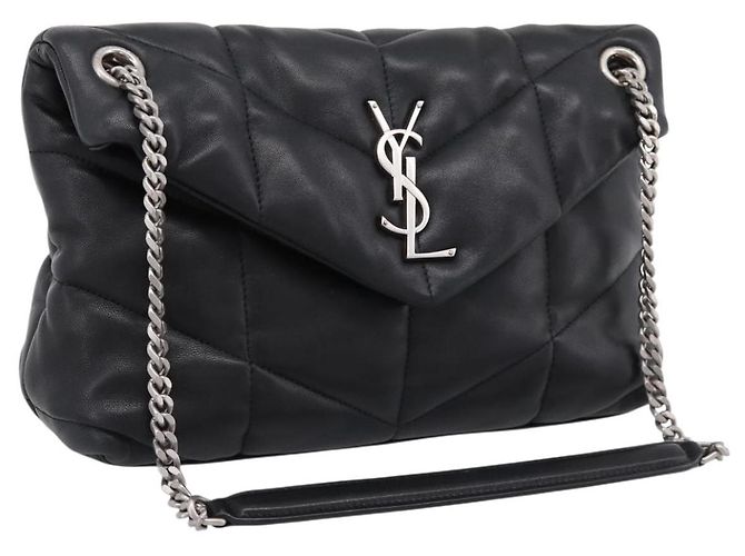 Borsa a tracolla SAINT LAURENT Lulu Puffer con catena in pelle nera e argento Auth ka5996SAM Nero