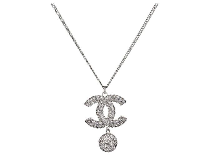 CHANEL Strass-Halskette Metall Silver CC Auth 199879M Silber