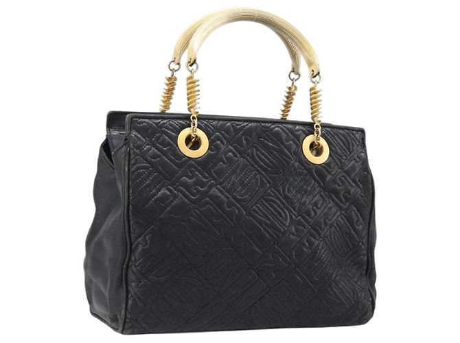 Borsa a mano FENDI Macaroni in pelle nera e oro Auth 199827 Nero D'oro