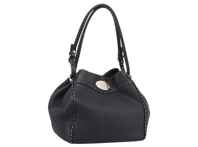 Bolso Tote FENDI Celeria de cuero negro plata Auth 200968A