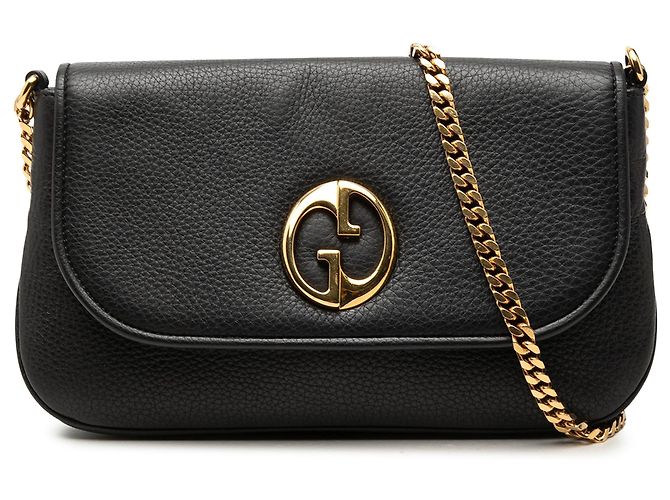 Bolsa de Ombro Gucci Medium 1973 em Pele de Bezerro Preta com Corrente Preto