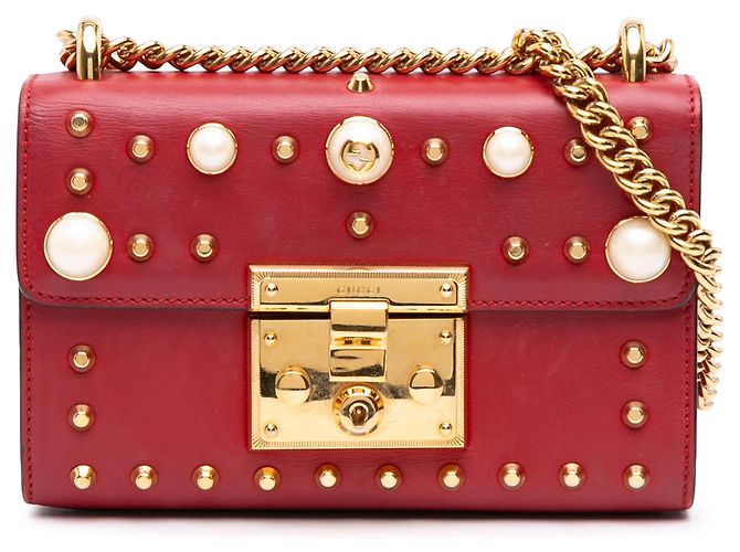 Padlock Borsa a tracolla Gucci Small in pelle rossa con perle e chiusura a lucchetto Rosso