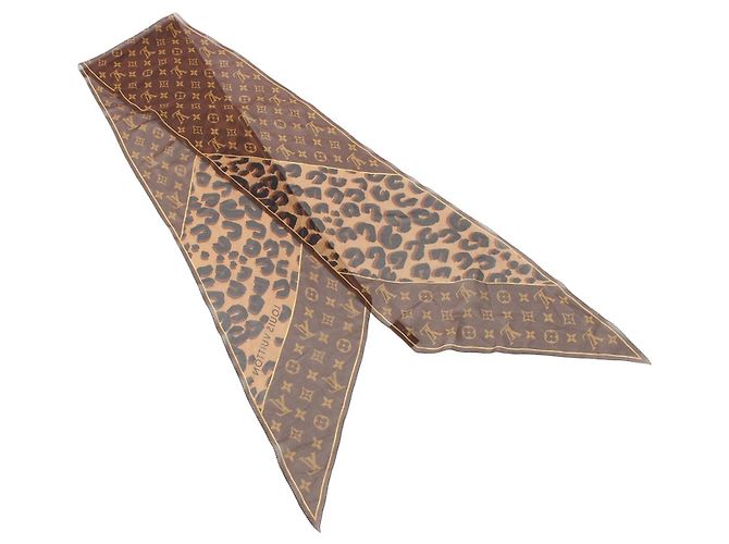 Lenço de crepe de seda Louis Vuitton Monogram com estampa de leopardo castanho Marrom