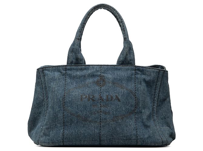 Borsa Tote Satchel Prada Denim Canapa Logo blu